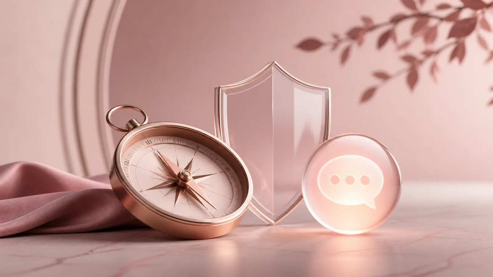 Boussole rose et bouclier translucide évoquant la vérification de fiabilité d’un service IA