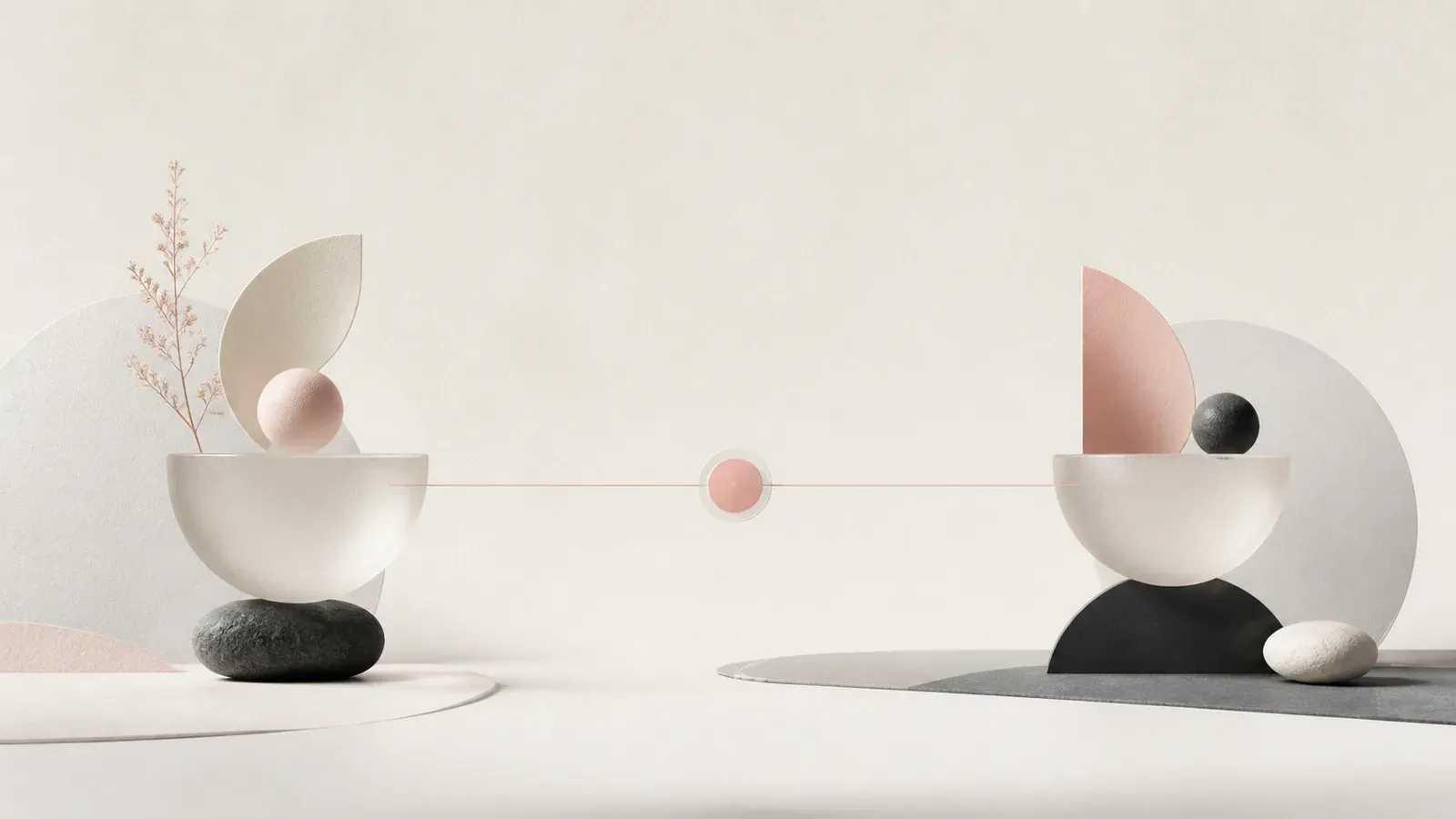 Deux formes équilibrées reliées par une ligne rose, illustration d’un comparatif de compagnons IA