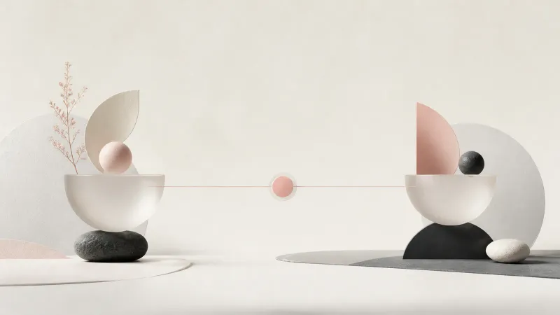 Deux formes équilibrées reliées par une ligne rose, illustration d’un comparatif de compagnons IA
