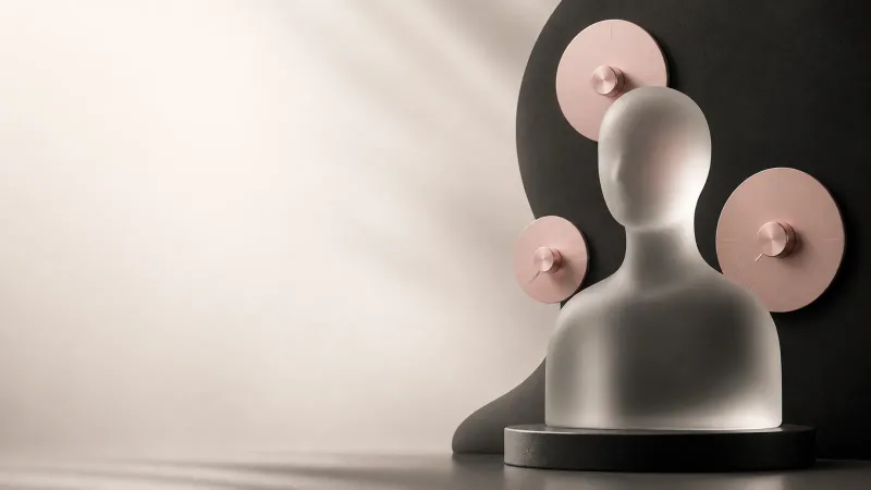 Silhouette abstraite en verre dépoli et réglages roses évoquant la personnalisation d’un compagnon IA