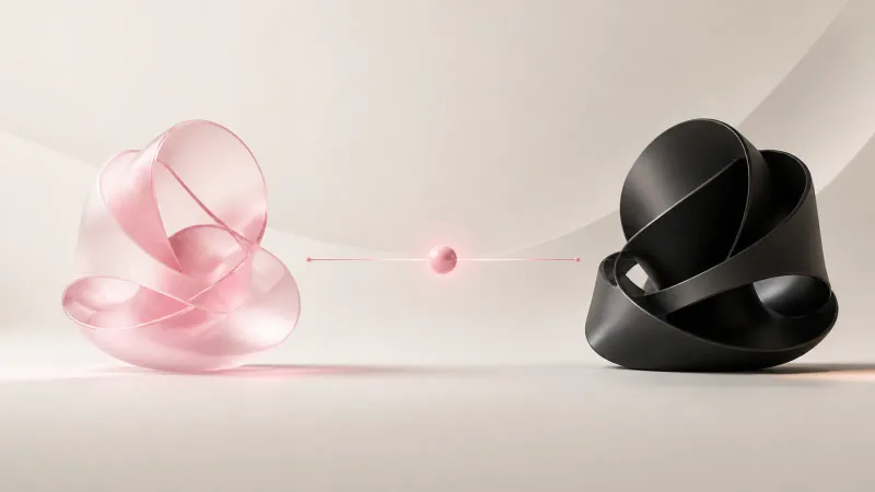 Deux formes abstraites face à face reliées par un point de décision rose
