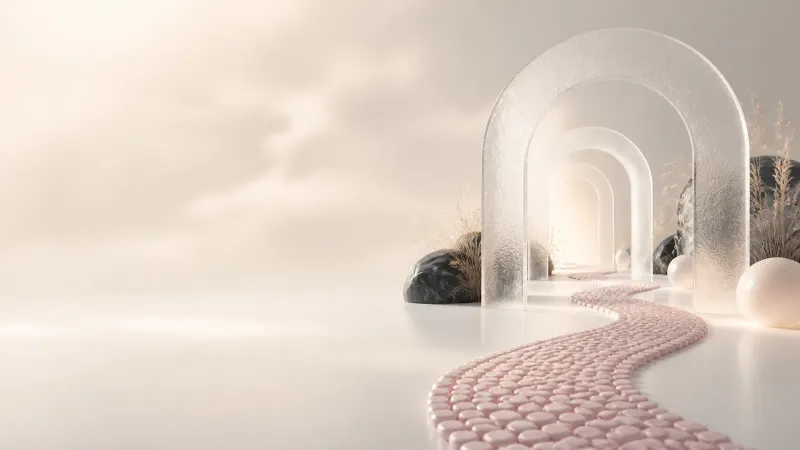 Chemin onirique de jetons roses et lumière douce évoquant un compagnon IA créatif