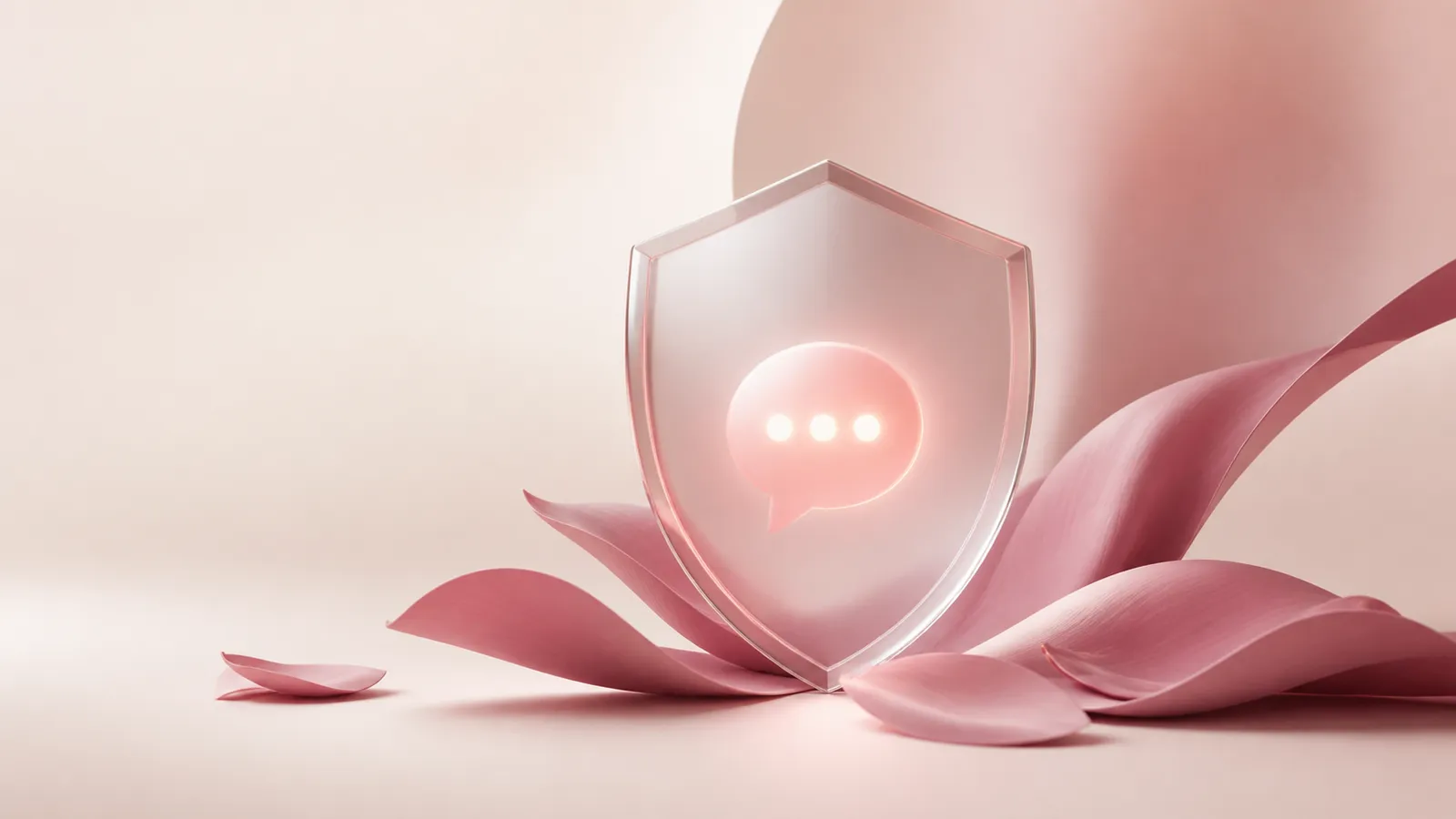 Bouclier en verre dépoli et bulle de conversation rose évoquant la sécurité d’un compagnon IA