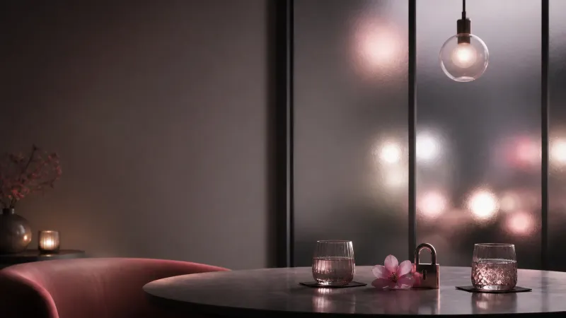 Fenêtre givrée, fleur rose et cadenas minimaliste dans une ambiance nocturne discrète