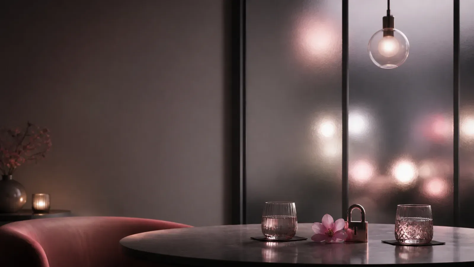 Fenêtre givrée, fleur rose et cadenas minimaliste dans une ambiance nocturne discrète